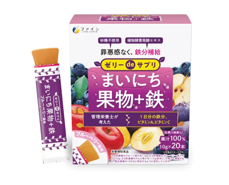 FINE_Jelly de Supplement trái cây hàng ngày + Sắt - 20 gói (T20) Thạch hoa quả bổ sung sắt, chất xơ và vitamin