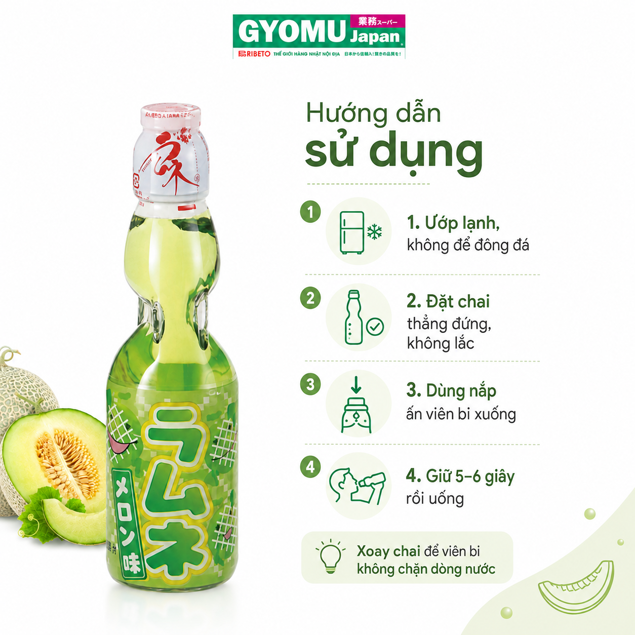 HATA FOODS_Nước ngọt có ga Ramune vị dưa lưới 200ml