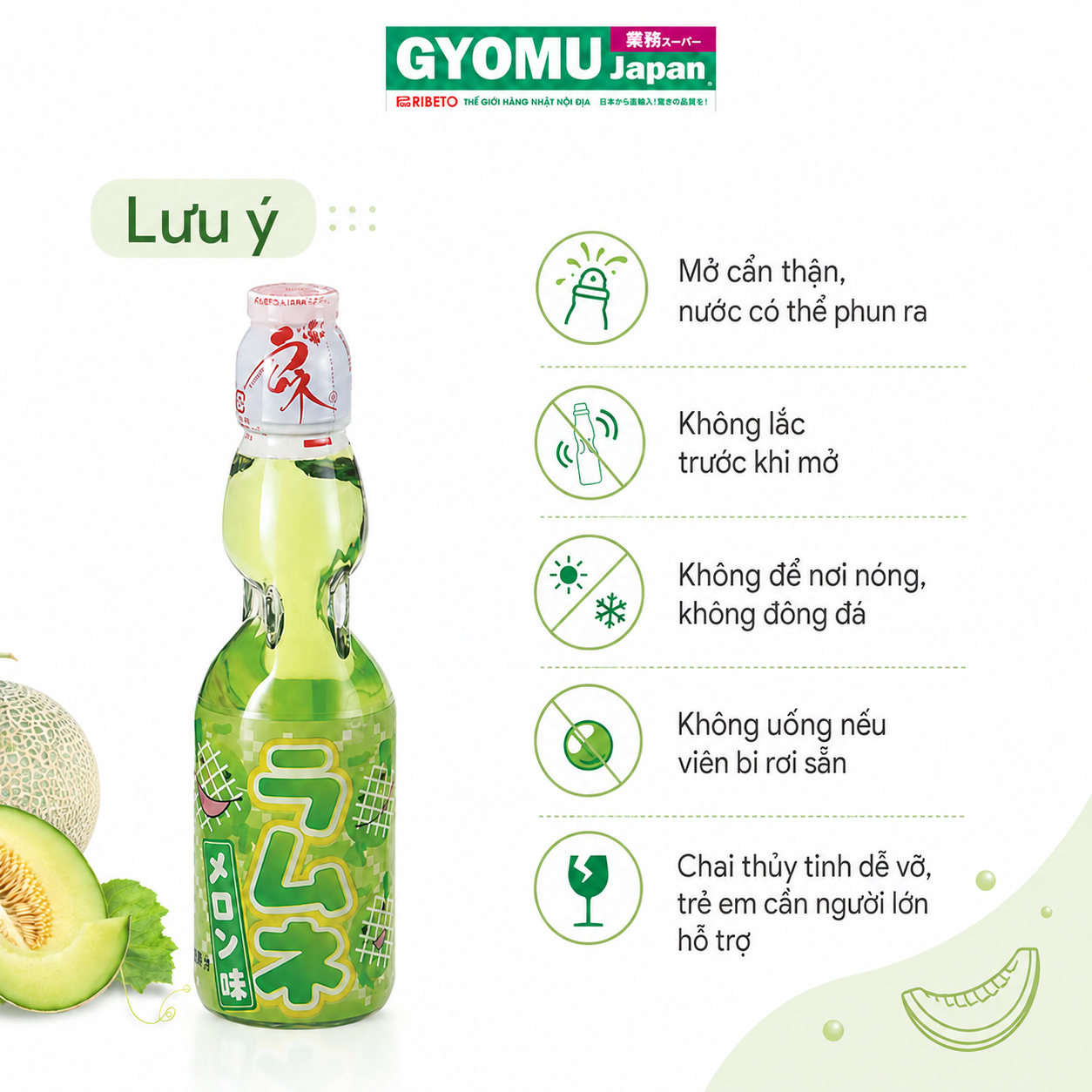 HATA FOODS_Nước ngọt có ga Ramune vị dưa lưới 200ml