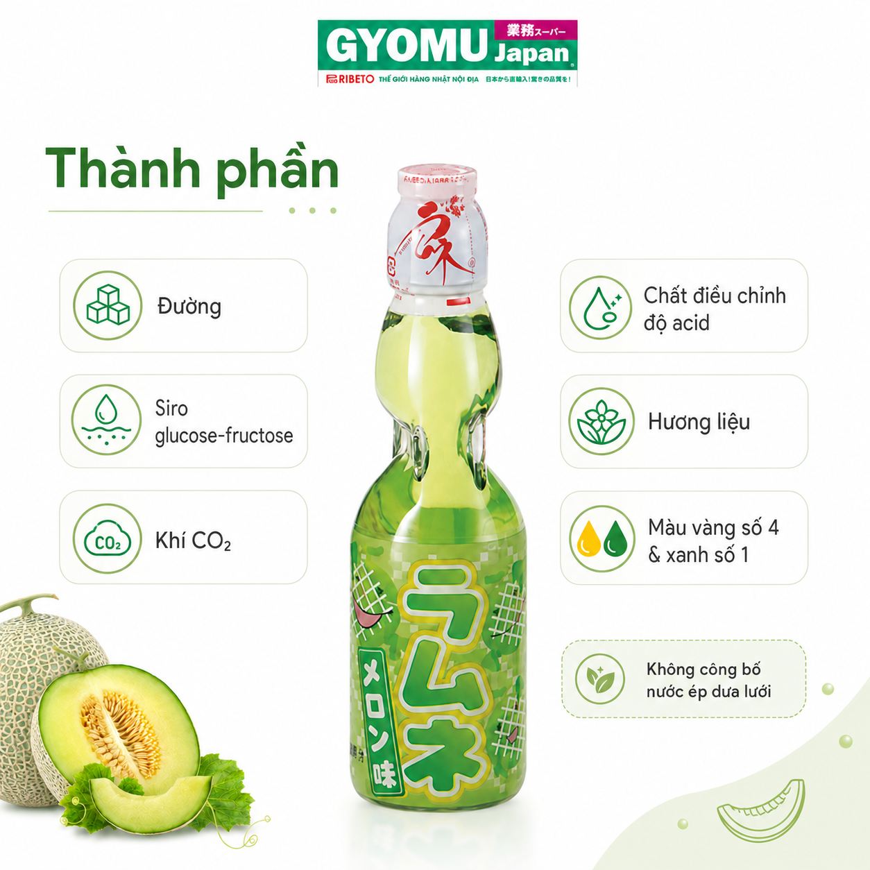 HATA FOODS_Nước ngọt có ga Ramune vị dưa lưới 200ml