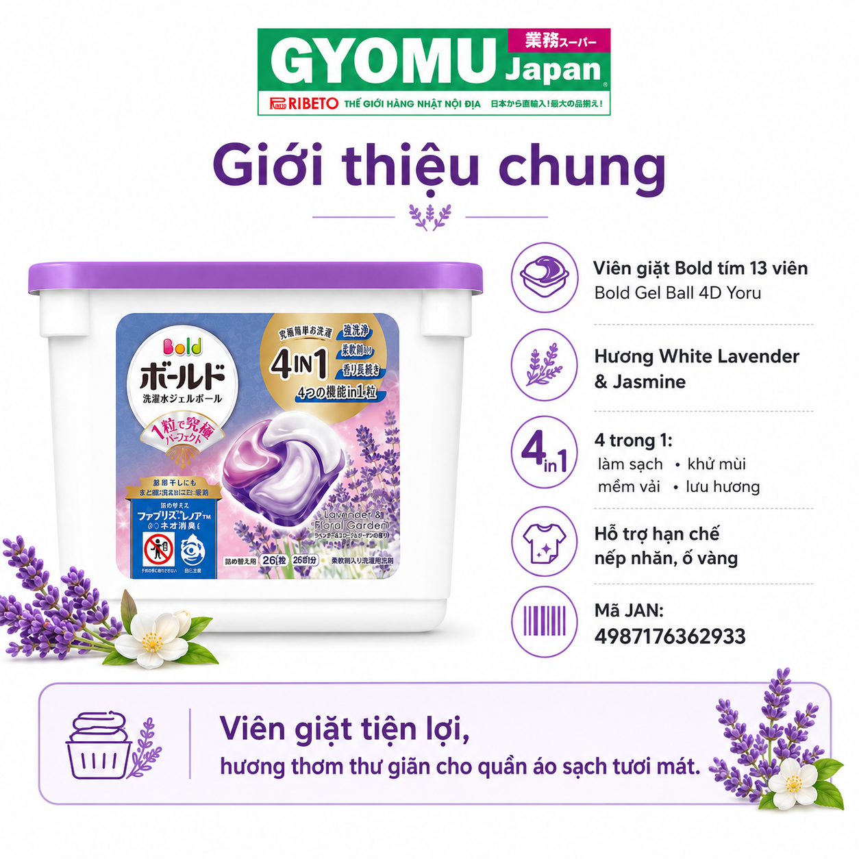 P&G_Viên giặt Bold tím hương hoa Lavender trắng và hoa nhài 13 viên