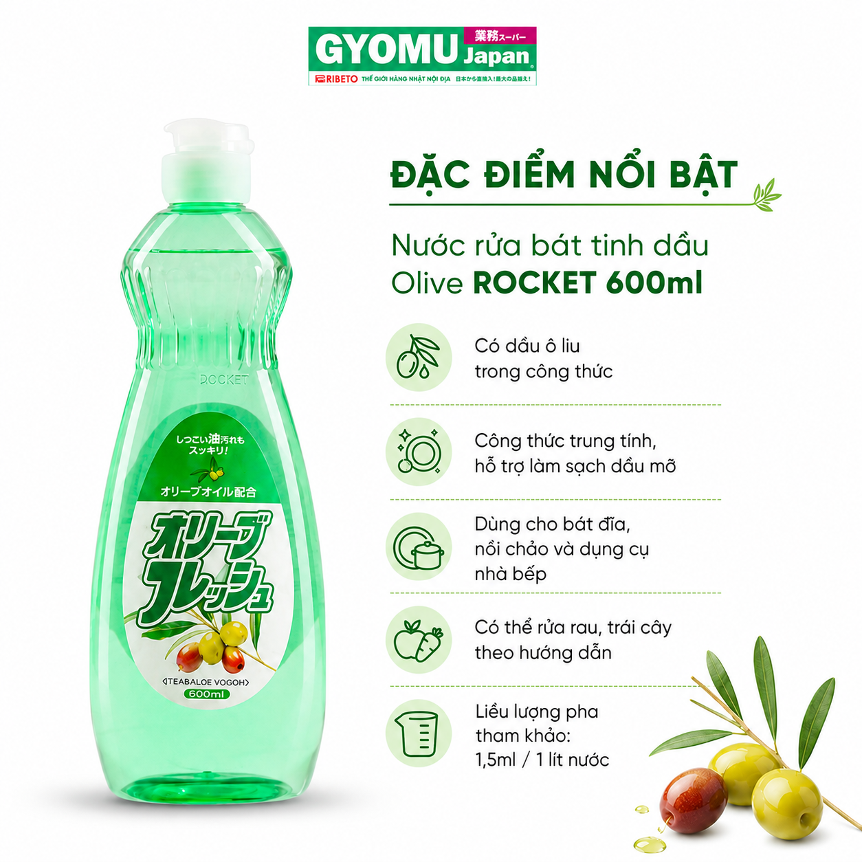 ROCKET_Nước rửa bát tinh dầu Olive 600ml