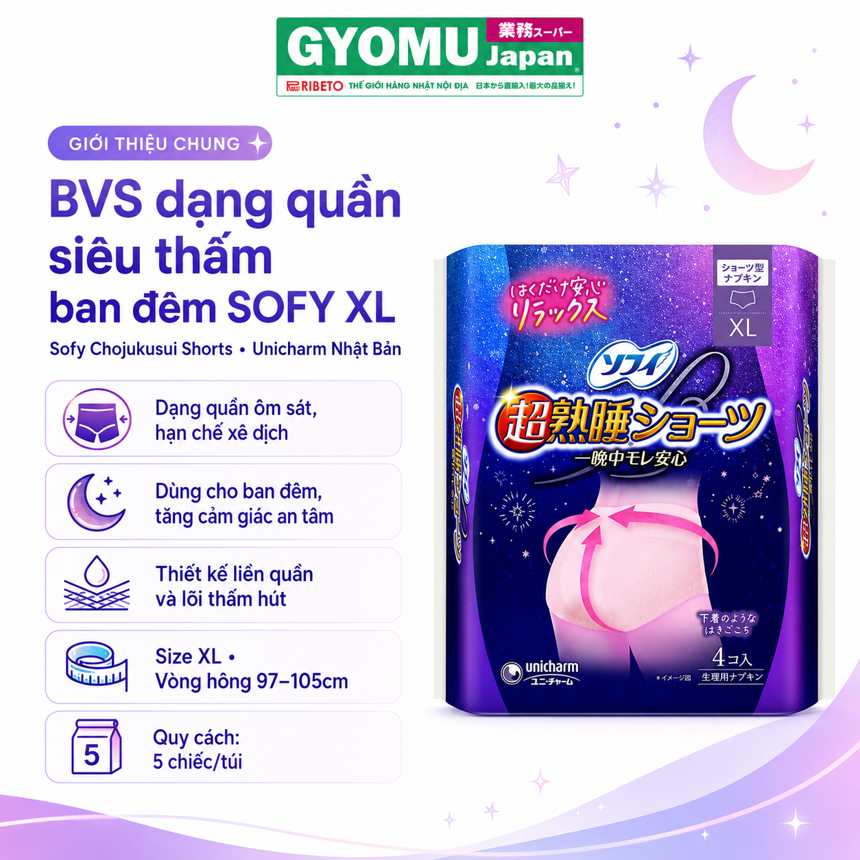 SOFY_BVS dạng quần siêu thấm dùng cho ban đêm size XL, 5 chiếc/túi