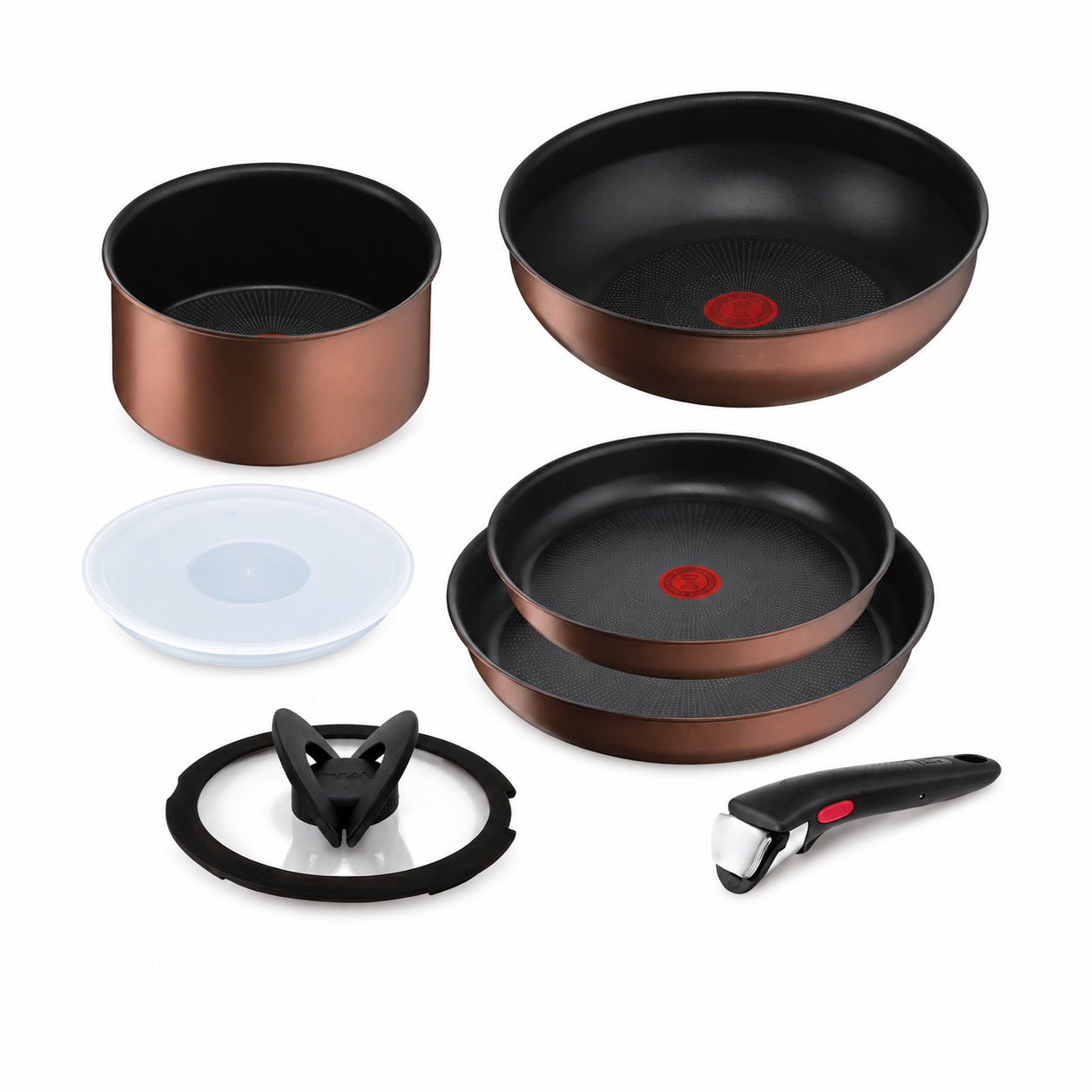 T-FAL_Bộ nồi chảo 7 món không dùng điện, chất liệu chính hợp kim nhôm (1 chảo 22cm; 2 chảo 26cm;1 nồi:18cm;1 nắp thủy tinh:18cm;1 nắp đậy kín:18cm;1 tay cầm)