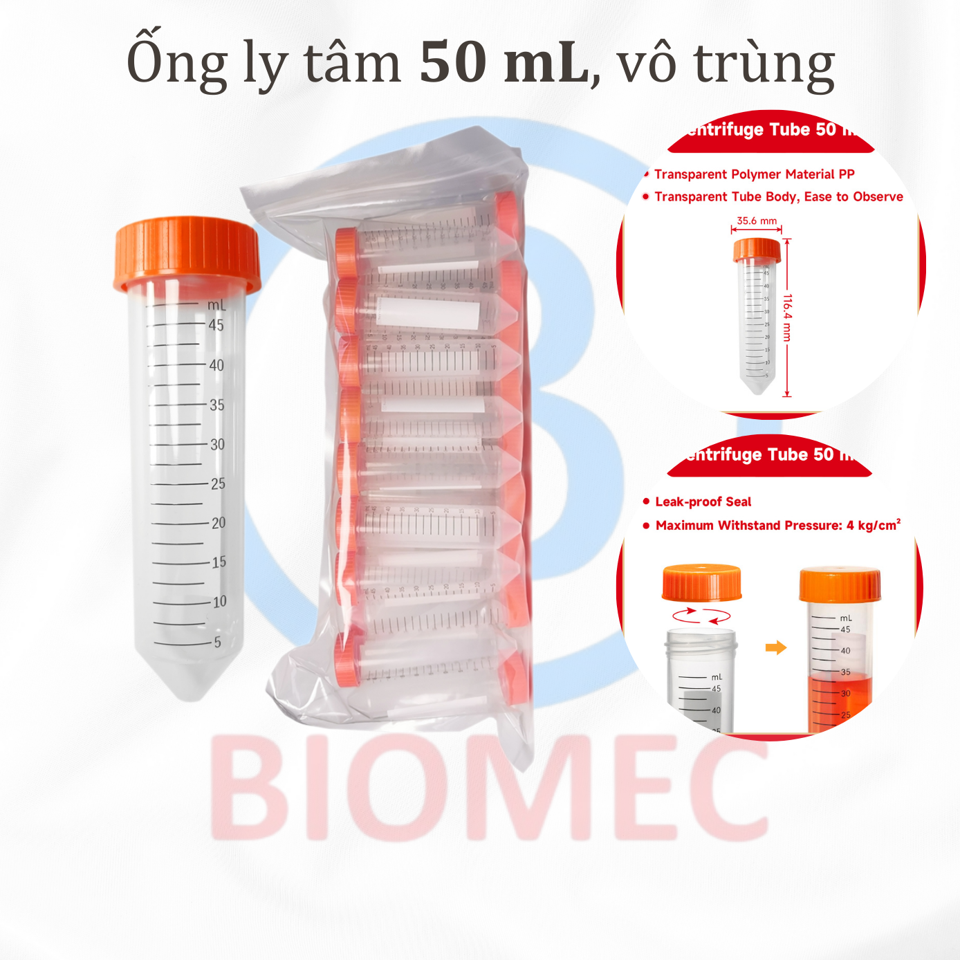 Ống ly tâm 50 mL, đáy nhọn, vô trùng