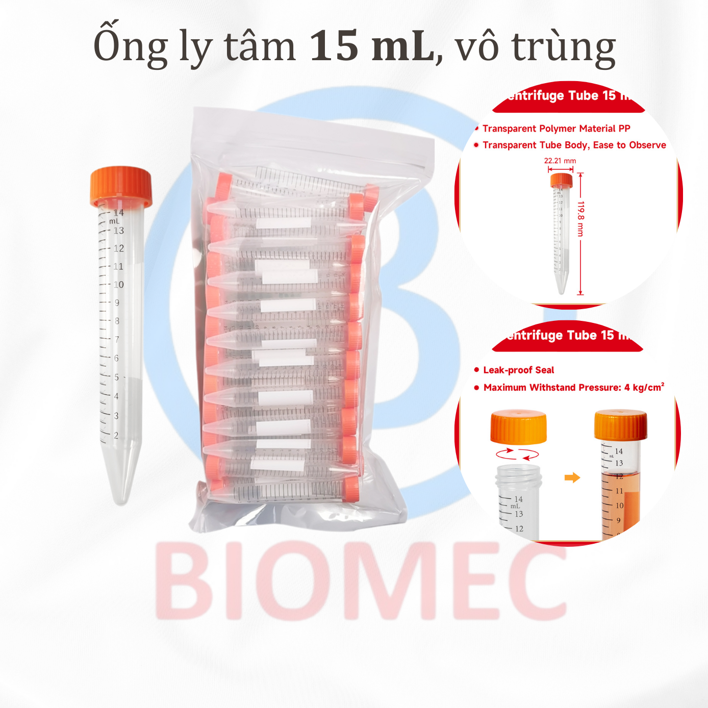 Ống ly tâm 15 mL, đáy nhọn, vô trùng