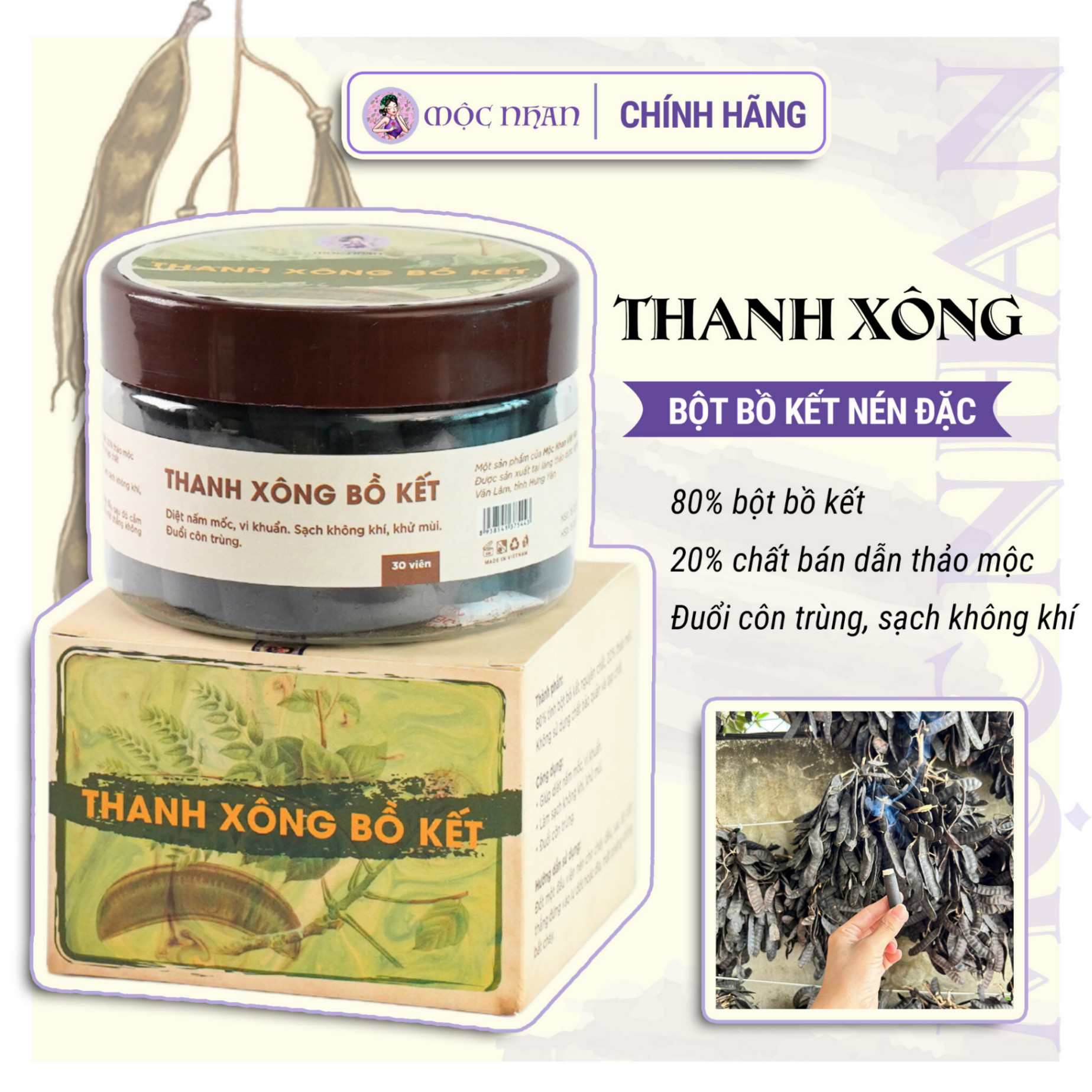 Hộp thanh xông bồ kết ( 30viên) Mộc Nhan