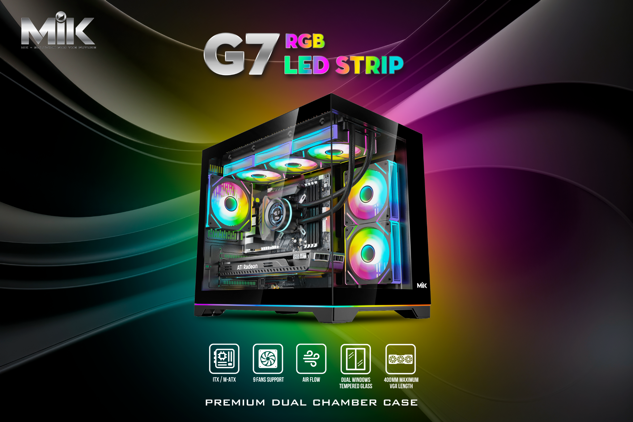 Case MIK G7 Led Strip (M-ATX) không kèm fan - Đen