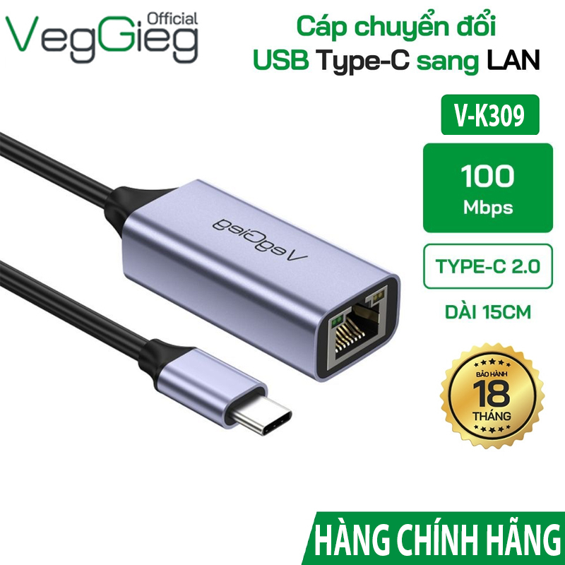 Cáp chuyển USB Type C ra Lan 100Mbps VEGGIEG V-K309