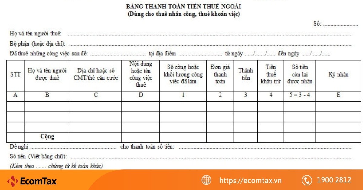 Mẫu bảng thanh toán tiền thuê ngoài mới nhất năm 2024