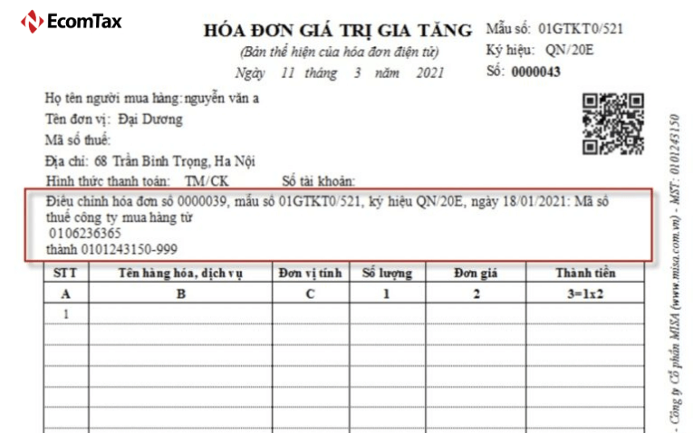 Điều chỉnh hóa đơn