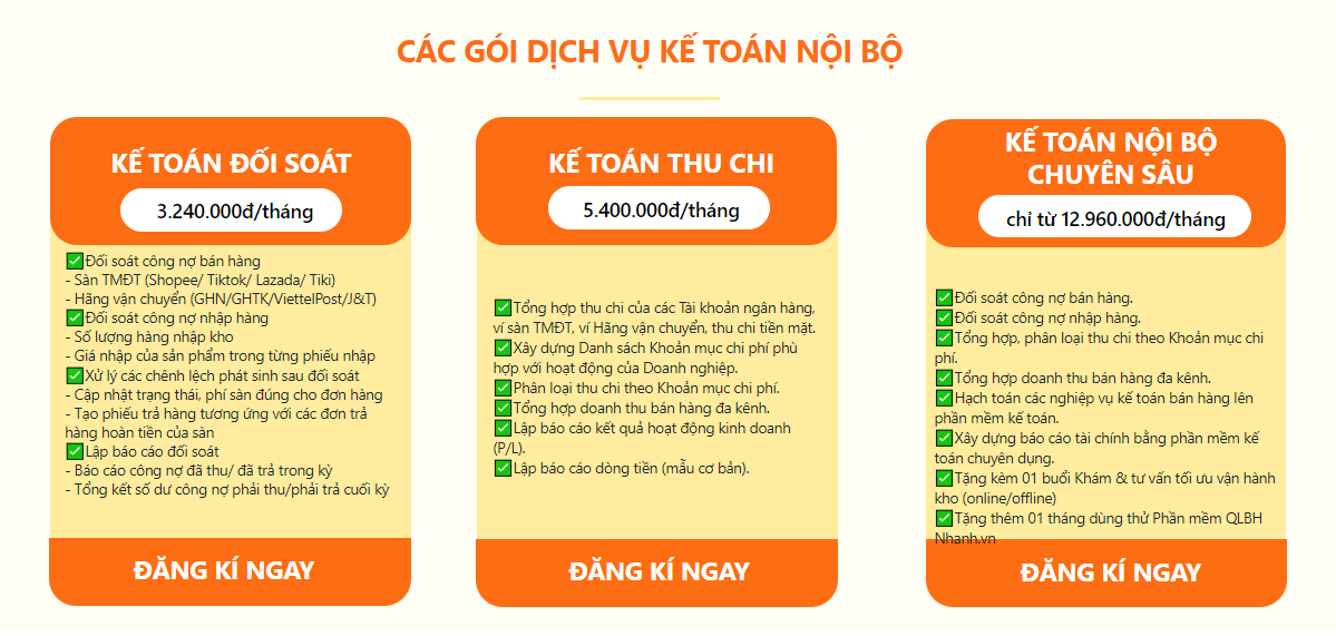 CÁC GÓI DỊCH VỤ KẾ TOÁN NỘI BỘ