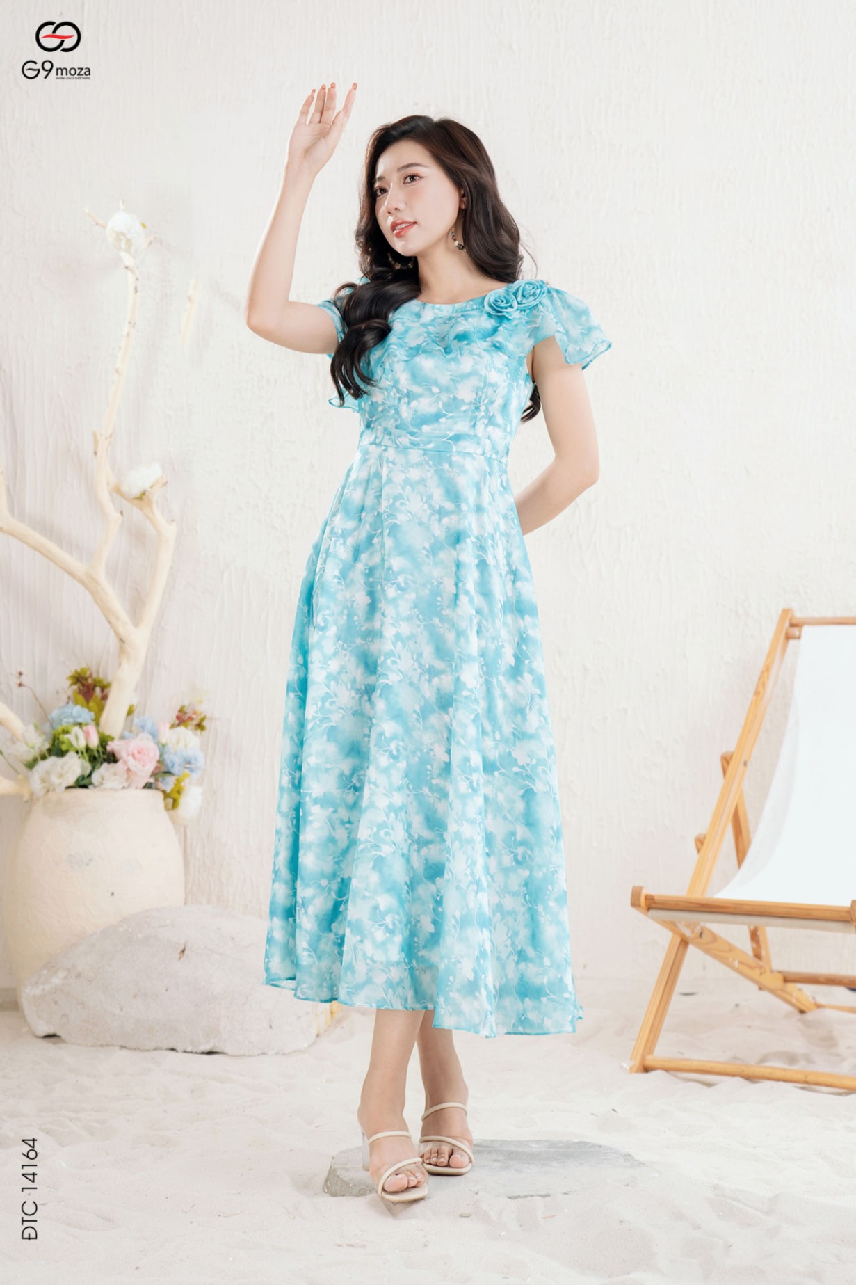 Váy maxi dáng dài phối bèo cổ đính hoa 3D 25S11ĐTCMX14164-1