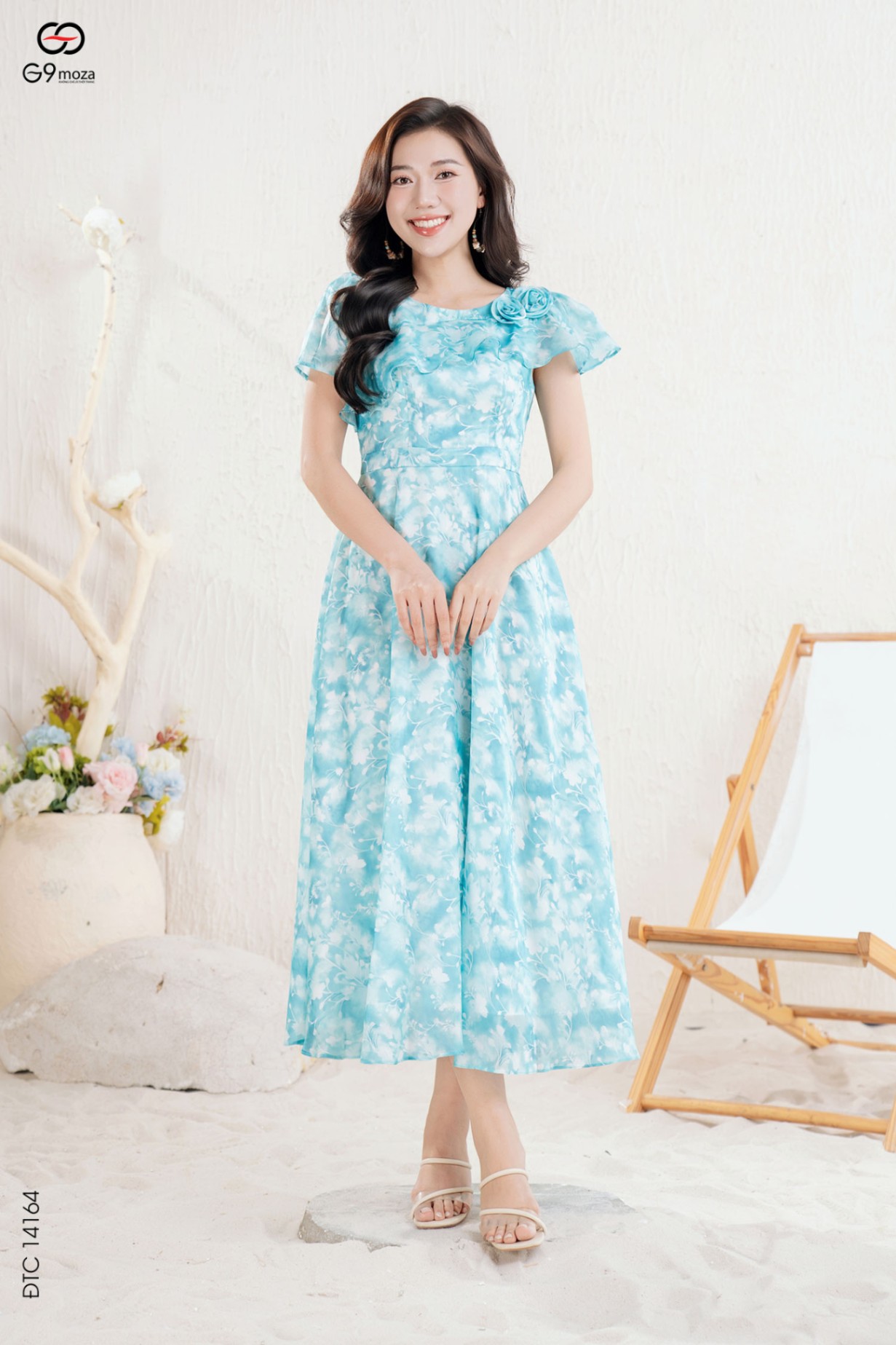 Váy maxi dáng dài phối bèo cổ đính hoa 3D 25S11ĐTCMX14164-1