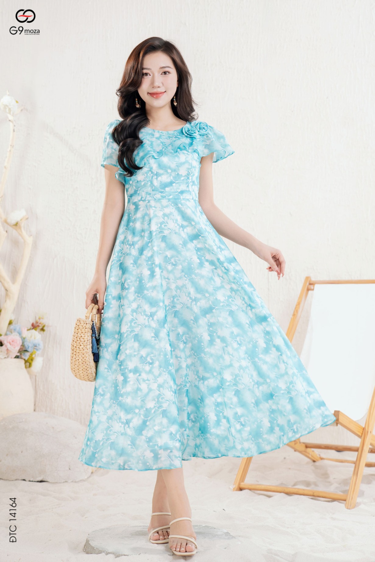 Váy maxi dáng dài phối bèo cổ đính hoa 3D 25S11ĐTCMX14164-1