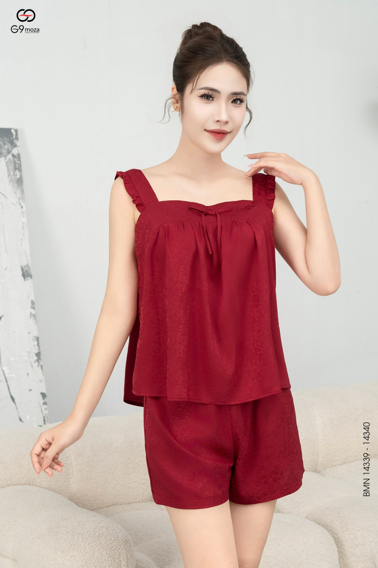 Bộ mặc nhà lụa áo hai dây, quần cộc 25S12BMN14339+14340-1
