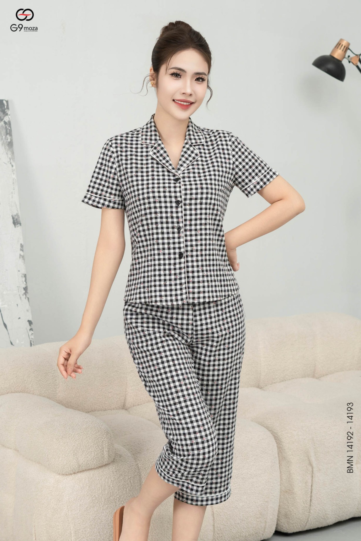 Bộ mặc nhà thô kate áo tay cộc, quần lửng 25S16BMN14192+14193-2