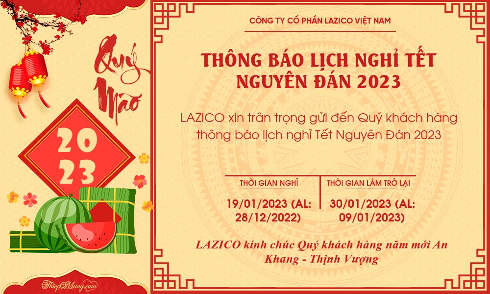 LAZICO THÔNG BÁO LỊCH NGHỈ TẾT NGUYÊN ĐÁN 2023