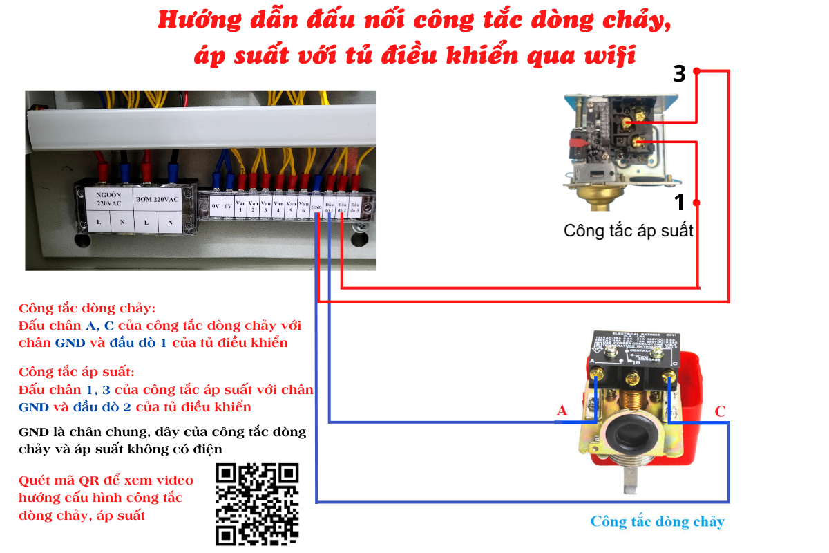 Hướng dẫn đấu nối công tắc dong chảy, công tắc áp suất với tủ điều khiển qua wifi