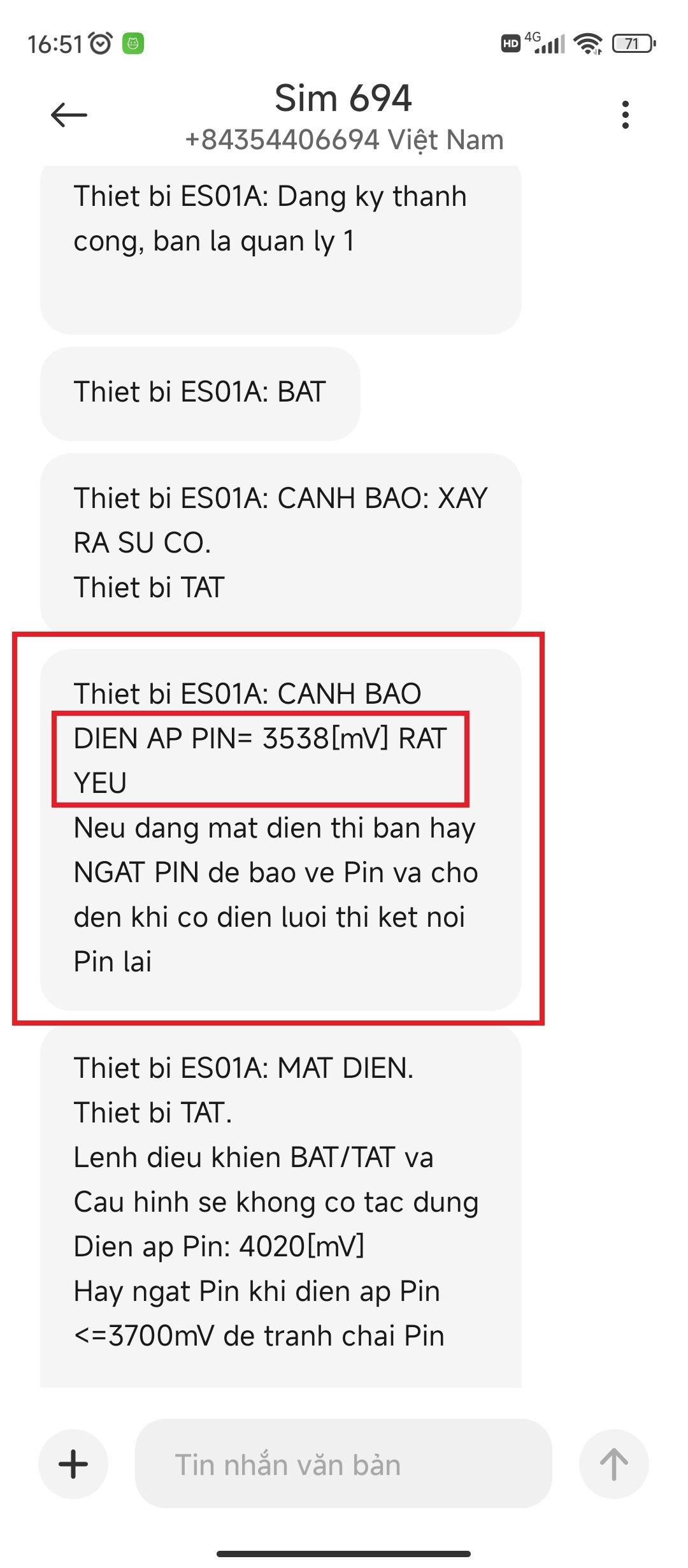 Pin dưới 3700[mV], cảnh báo tin nhắn khi pin yếu