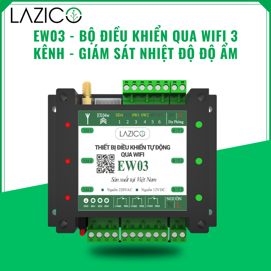 EW03_Bộ điều khiển và giám sát từ xa nhiệt độ, độ ẩm, sự cố qua Wifi 3 đầu ra