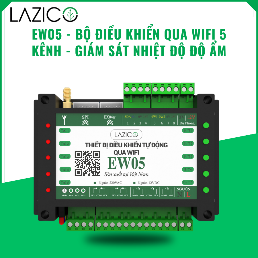 EW05_Bộ điều khiển và giám sát từ xa nhiệt độ, độ ẩm, sự cố qua Wifi 5 đầu ra