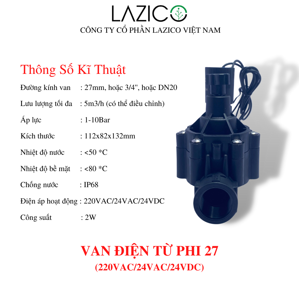 VT27-Van điện từ dùng cho tưới tiêu- Đường kính 27- Điện áp 24VDC