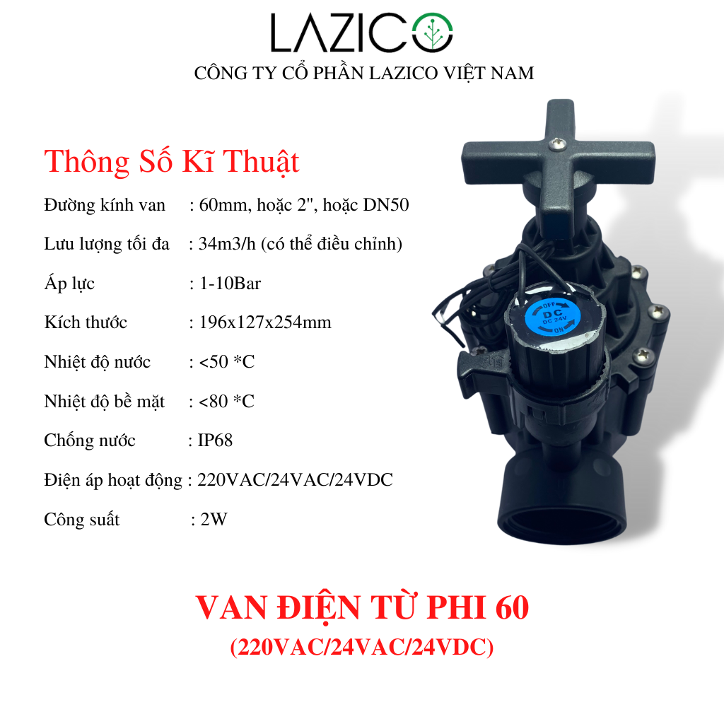 Van điện từ phi 60 dùng cho tưới tiêu- cuộn hút 24VDC