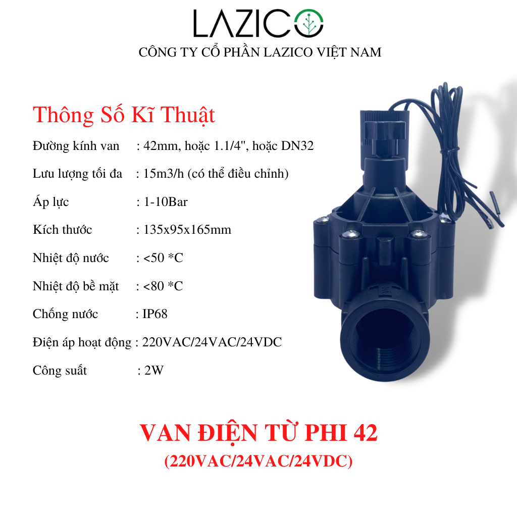 VT42-Van điện từ dùng cho tưới tiêu- Phi 42- Điện áp 24VDC