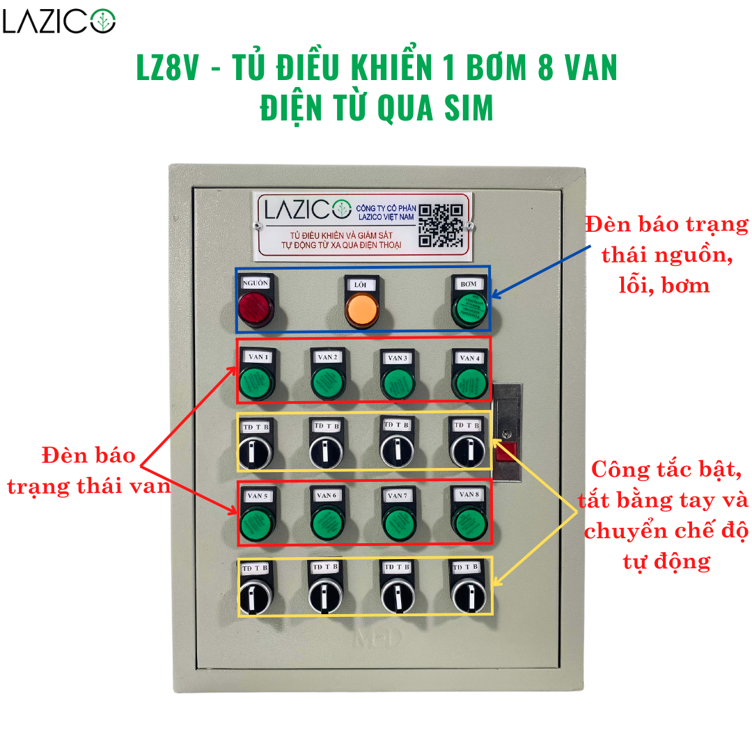 LZ8V- Tủ điều khiển từ xa qua điện thoại 1 bơm 8 van điện từ