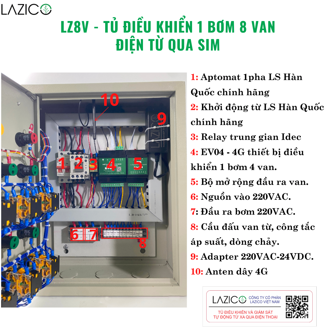 LZ8V- Tủ điều khiển từ xa qua điện thoại 1 bơm 8 van điện từ