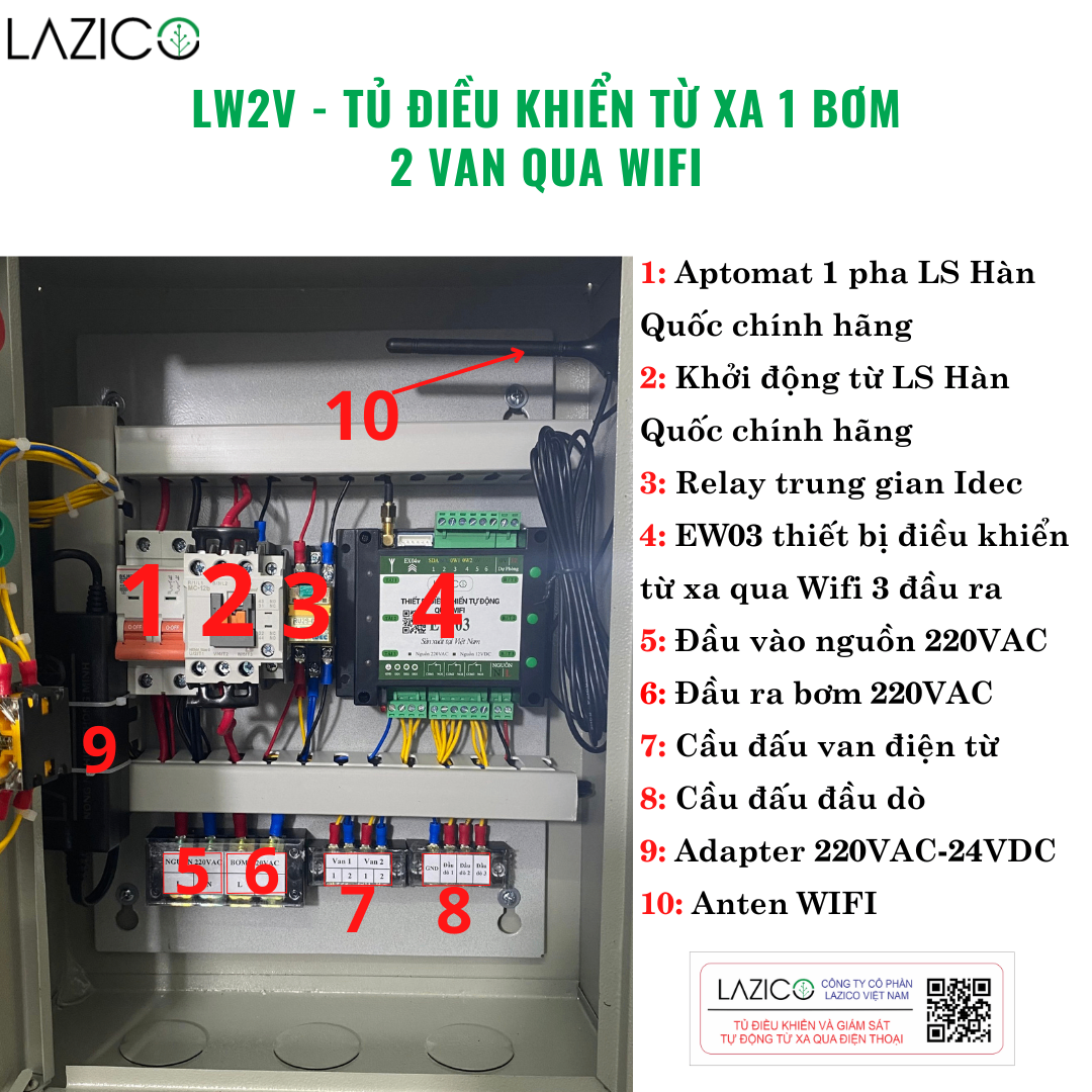 LW2V - Tủ điều khiển 1 bơm 2 van điện từ qua wifi công suất bơm 3hp - 1 pha