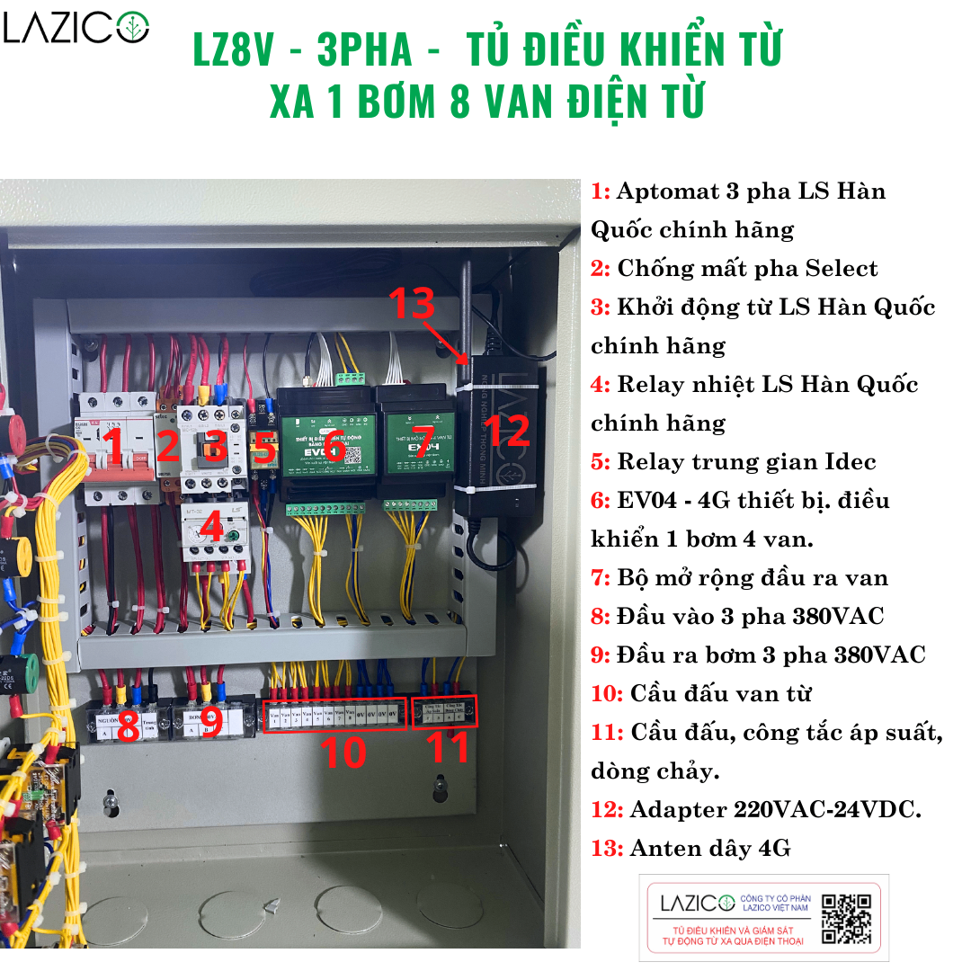 LZ8V-3P- Tủ điều khiển từ xa qua điện thoại 1 bơm, 8 van, 3 pha