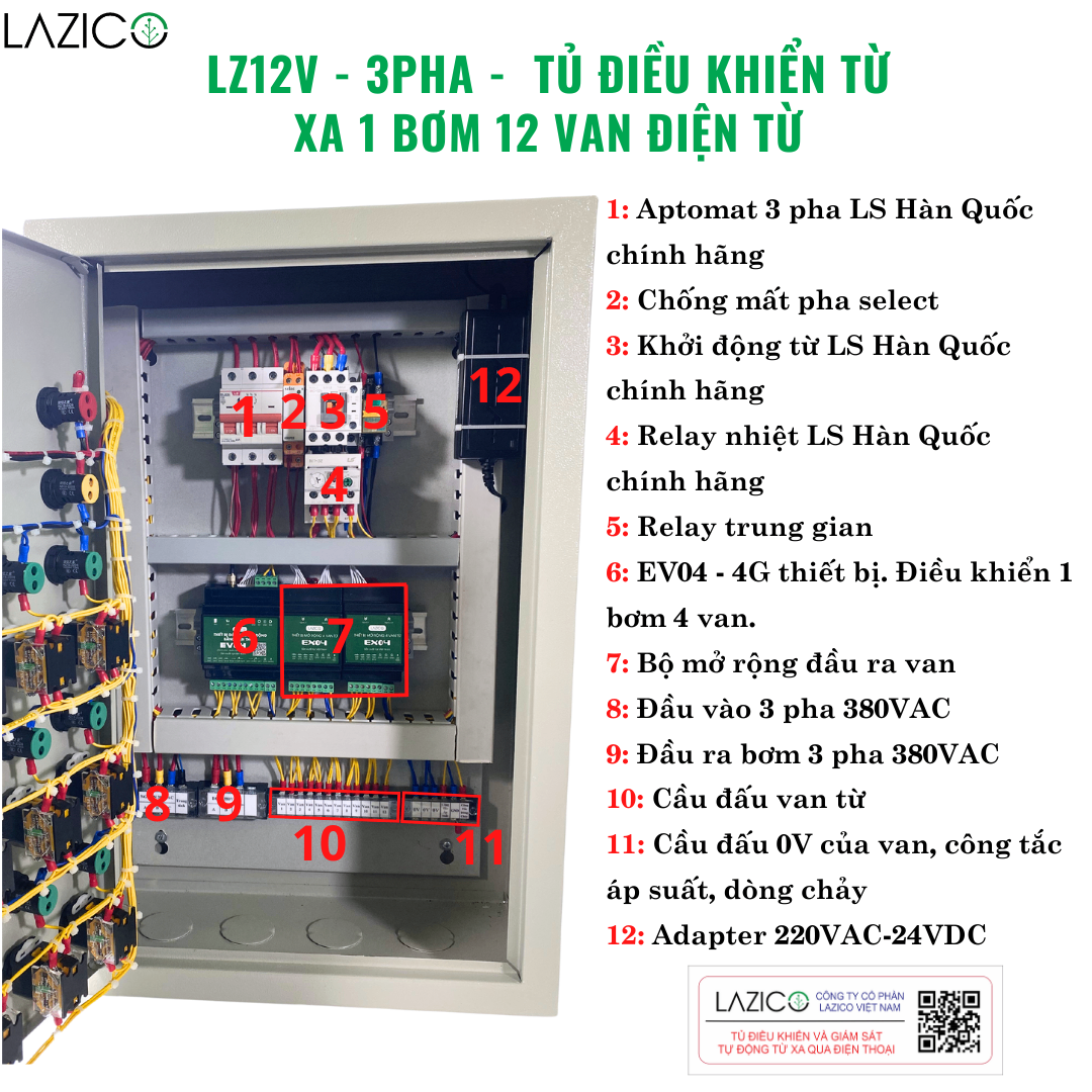 LZ12V-3P- Tủ điều khiển tự động 1 bơm 3 pha 12 van điện từ