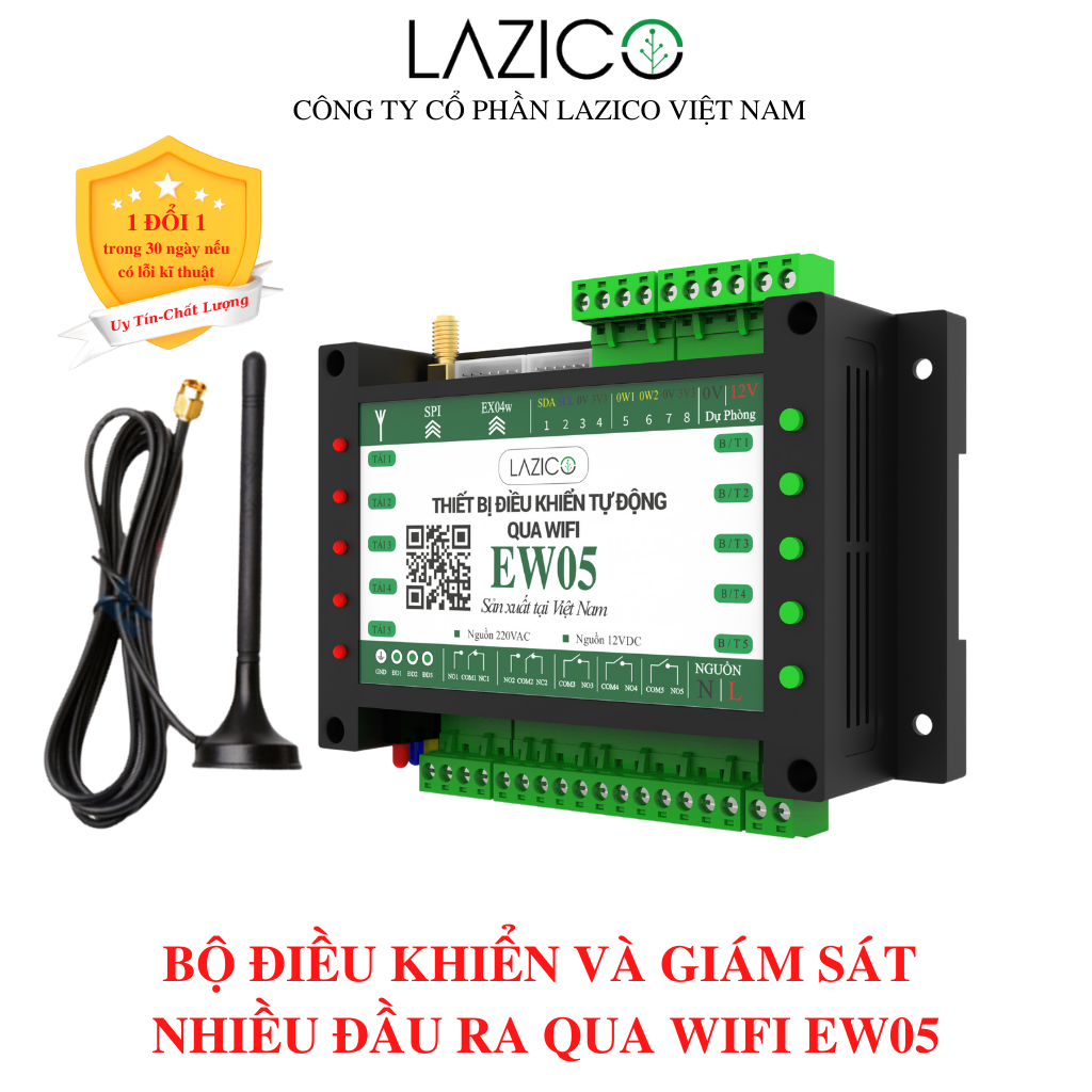 EW05_Bộ điều khiển và giám sát từ xa nhiệt độ, độ ẩm, sự cố qua Wifi 5 đầu ra