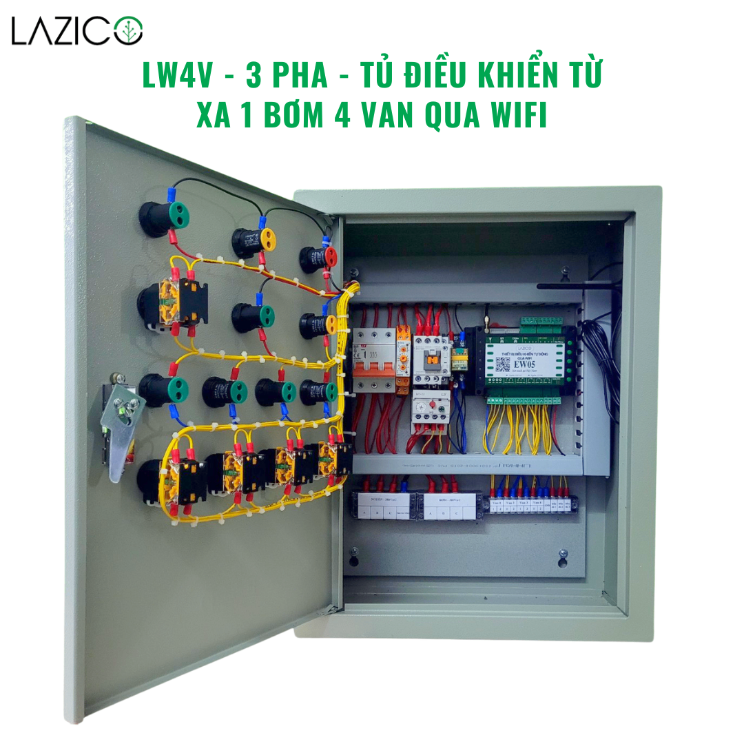 LW4V - 3 PHA - tủ điều khiển từ xa qua wifi 1 bơm 3 pha 4 van điện từ