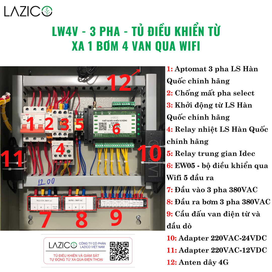 LW4V - 3 PHA - tủ điều khiển từ xa qua wifi 1 bơm 3 pha 4 van điện từ