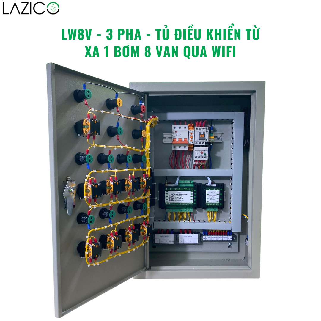 LW8V - 3 PHA - tủ điều khiển từ xa qua wifi 1 bơm 3 pha 8 van điện từ