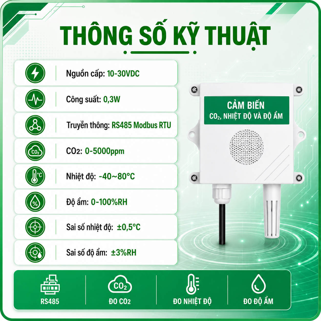 CẢM BIẾN ĐO NỒNG ĐỘ CO2. NHIỆT ĐỘ, ĐỘ ẨM RS485 MODBUS RTU-LAZICO
