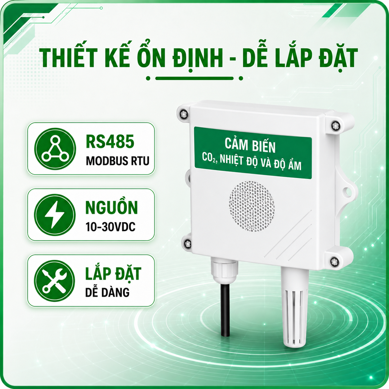 CẢM BIẾN ĐO NỒNG ĐỘ CO2. NHIỆT ĐỘ, ĐỘ ẨM RS485 MODBUS RTU-LAZICO