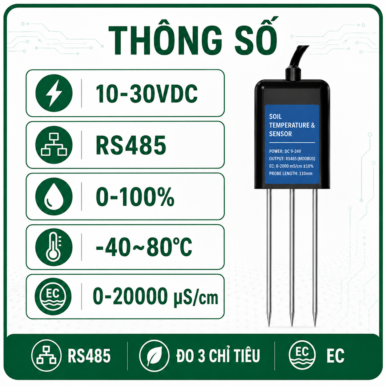 CẢM BIẾN EC NHIỆT ĐỘ ĐỘ ẨM ĐẤT-RS485 MODBUS RTU-LAZICO