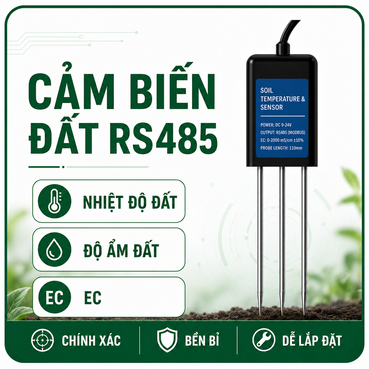 CẢM BIẾN EC NHIỆT ĐỘ ĐỘ ẨM ĐẤT-RS485 MODBUS RTU-LAZICO
