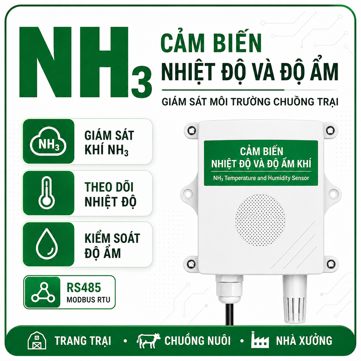 CẢM BIẾN NH3 NHIỆT ĐỘ, ĐỘ ẨM -RS485 MODBUS RTU- LAIZCO
