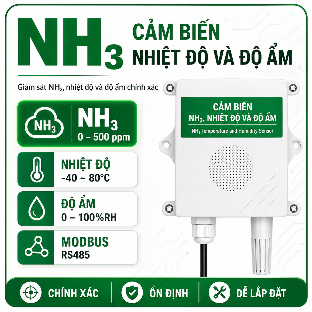 CẢM BIẾN NH3 NHIỆT ĐỘ, ĐỘ ẨM -RS485 MODBUS RTU- LAIZCO