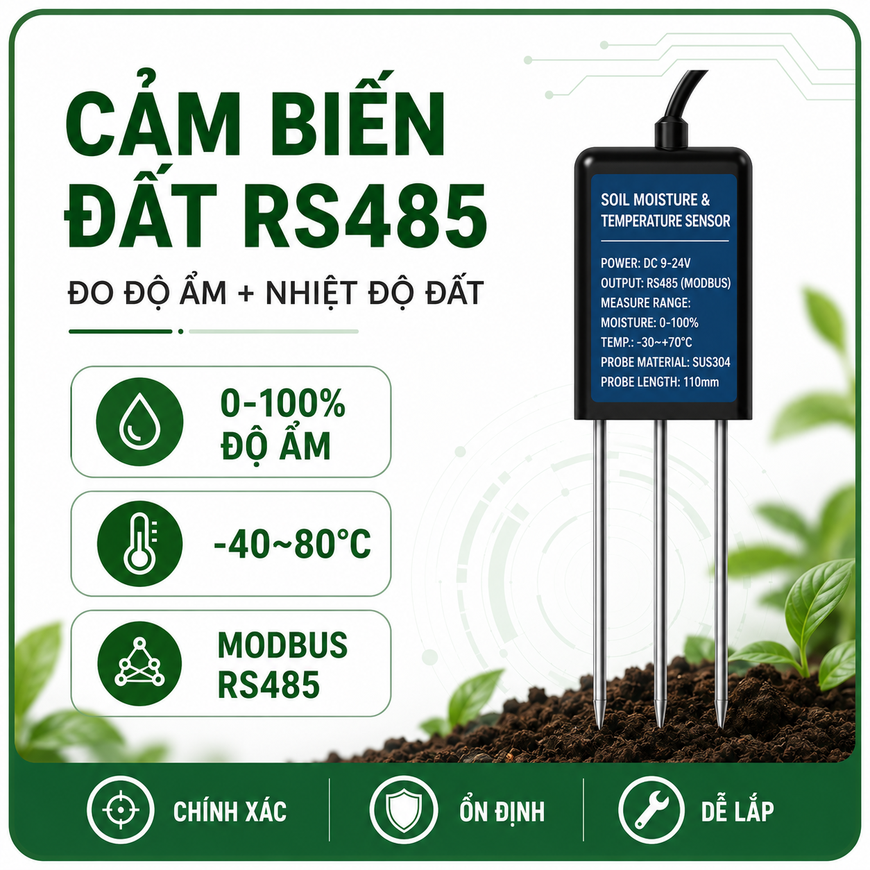 CẢM BIẾN NHIỆT ĐỘ ĐỘ ẨM ĐẤT RS485 MODBUS RTU-LAZICO