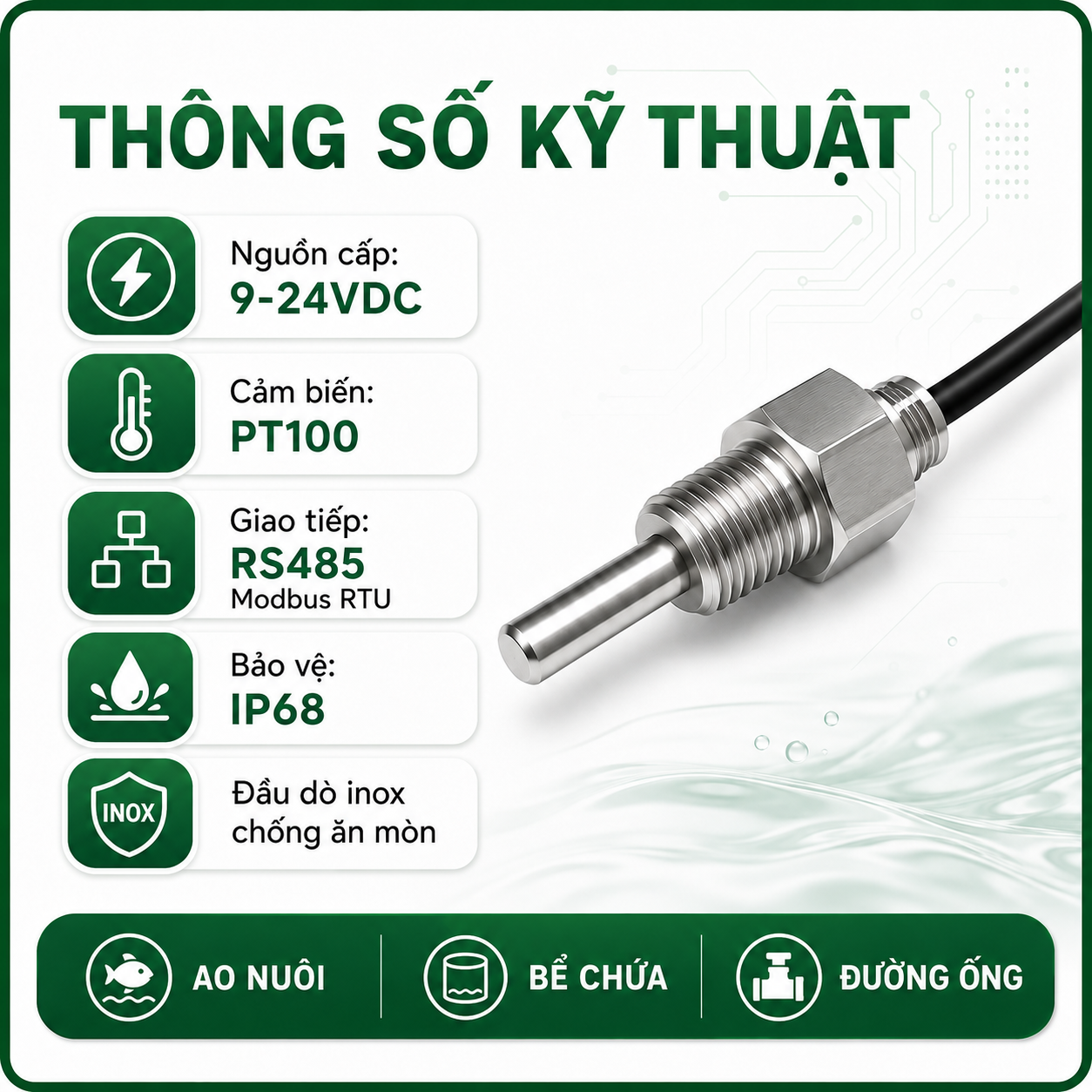 CẢM BIẾN NHIỆT ĐỘ NƯỚC RS485 MODBUS RTU ĐẦU DÒ PT100 INOX IP68-LAZICO