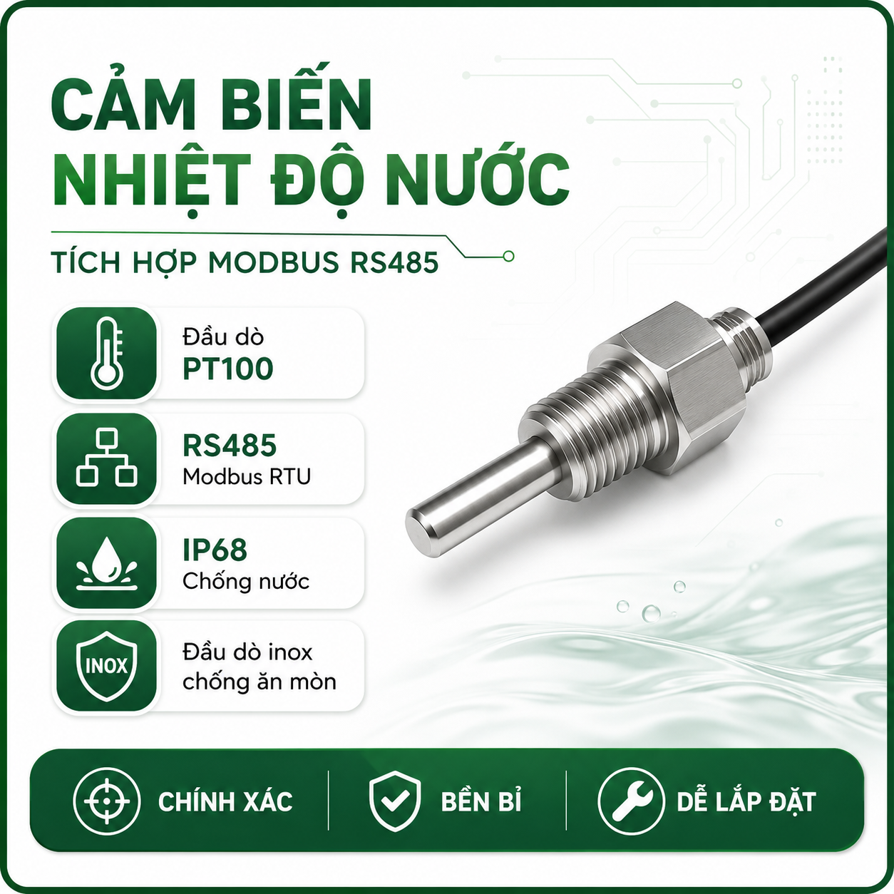 CẢM BIẾN NHIỆT ĐỘ NƯỚC RS485 MODBUS RTU ĐẦU DÒ PT100 INOX IP68-LAZICO