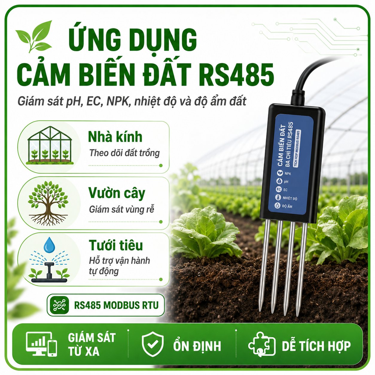 CẢM BIẾN PH EC NPK NHIỆT ĐỘ ĐỘ ẨM RS485 MODBUS RTU - LAZICO