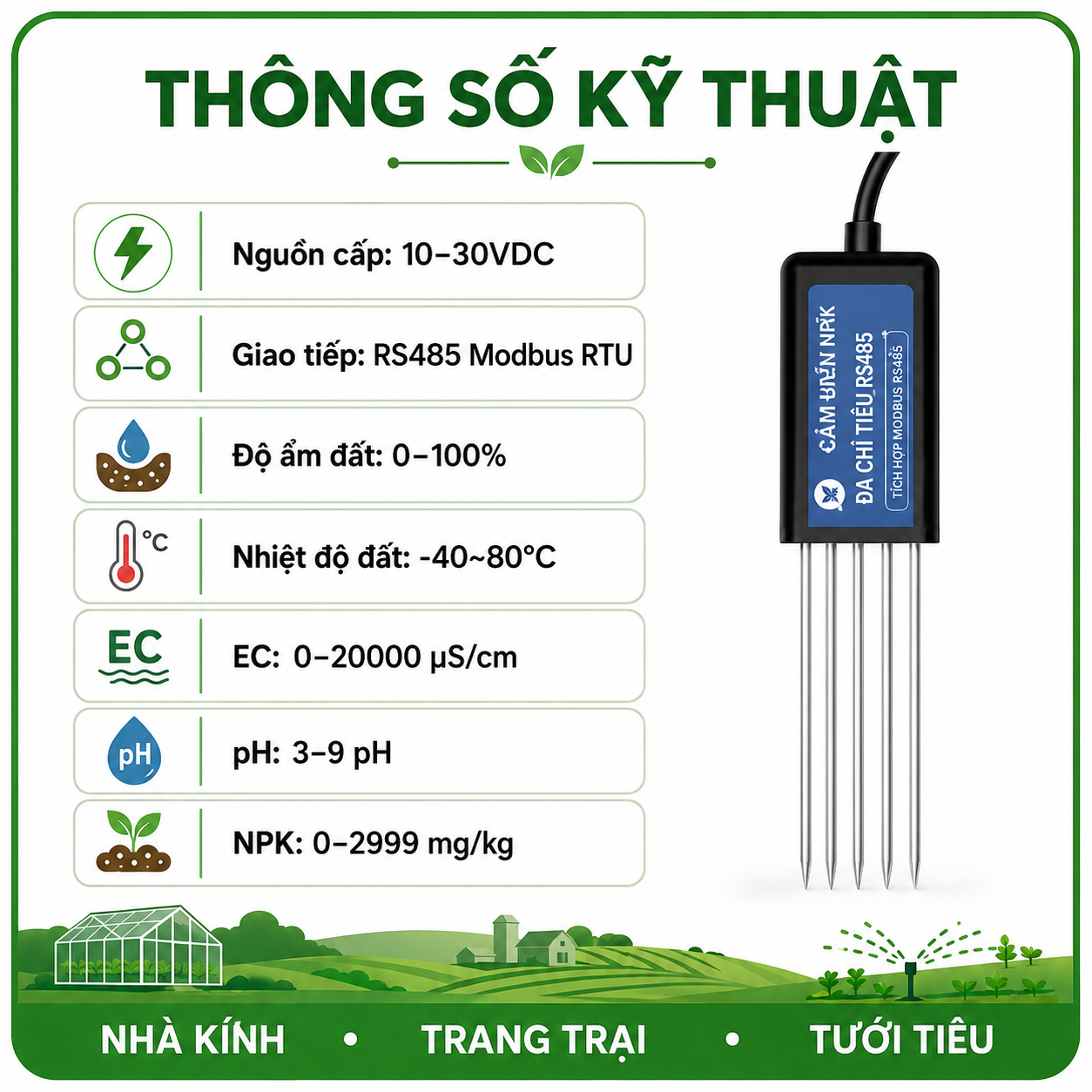 CẢM BIẾN PH EC NPK NHIỆT ĐỘ ĐỘ ẨM RS485 MODBUS RTU - LAZICO