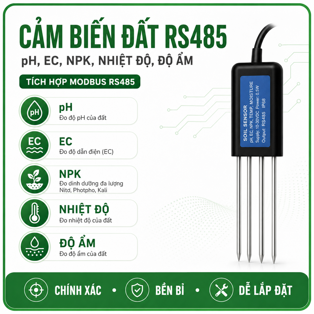 CẢM BIẾN PH EC NPK NHIỆT ĐỘ ĐỘ ẨM RS485 MODBUS RTU - LAZICO